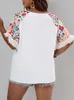 T-shirt graphique floral à manches courtes pour femmes Blouses élégantes en polyester avec pompon courbé et jeune, col rond d'été grande taille, 2023 R5Ct #