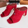 Chinelos de pele de avestruz chunky slides mulheres metal bloqueio peep toe salto alto mules senhoras camurça sandálias verão vestido sapatos mulher 2024