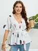 plus Size Wrap V Neck Short Sleeves Top Shirts Belt Tie Ruffle Peplum Blouse Leaf Print Women Tee Casual Vacati Clothing A1D3#