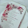 50pc Flower Printed Vellum Wrap för Wedding Invitaton med Bourgogne Ribbon och Tag DIY Anpassade gratulationskort för bruddusch 240328