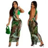 Womens Summer Digital Printing Irregular Mesh Dress Bikini Three Piece Set