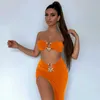 Zweiteiliges Kleid Giyu Sexy Zweiteiliges Set Damen Outfits 2023 Sommer Herbst Bodycon Club Party 2 Stück Anzüge Trägerloses High Split Crop Top Kleid Set J240330