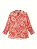 women's Casual Blouse, Plus Size Floral Print Butt Up Lantern Sleeve Turn Down Collar Blouse F7LW#