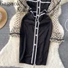 Casual Jurken Gagaok Elegante Jurk Vrouwen Herfst Winter Polka Dot Mesh Ruches Patchwork Vierkante Hals Midi Bodycon Slim Chic Vestidos