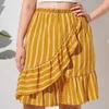 plus Size Elastic Waist Summer Elegant Floral Skirt Women Ruffle Trim Casual Midi Stripe Skirt Female Large Size Boho Skirt 7XL h15A#