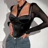 Nya kvinnors T -skjortor Mesh Patchwork Halter långärmad skördetopp för kvinnor Y2K Streetwear Autumn Soild Color Sexig Se genom Corset Spicy Girl