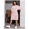 plus Size Loose Summer Elegant Tunic Dr Women Drop Shoulder Half Sleeve Oversize Casual T-shirt Dr Midi Striped Tee Dr I3vB#