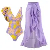 Maillots de bain pour femmes Femmes Maillot de bain avec jupe à volants Ensemble élégant imprimé floral une pièce en mousseline de soie pour femme