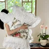 Beddengoedsets Luxe Prinses Bruiloft Koreaans Ruffelontwerp Rozenprint Katoen Wit Dekbedovertrek Bedrok Linnen Kussenslopen
