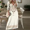 Casual Dresses Soft Touch Women Dress Bohemian Maxi With Ethnic Print V Neck Long Sleeves Women's Spring A-line Pullover In For Ankle