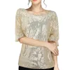 Women's Blouses Women Short Sleeve Shirt Sequins Tops Ladies Shirts Summer Clothes Sexy O Neck Elegant Loose Casual Silver Gold Top Blusa