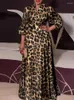 Casual Dresses Summer Elegant Dress 2024 Vonda Bohemian Women Leopard tryckt lång lykta ärm Loose V Neck Party Robe Femme