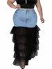 LW Plus Size Dres denim kjol spets lappverk skiktad kaskadande genomskinlig denim kjol höst casual kvinnor kjol s405#