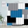 Duschvorhänge, abstrakt, geometrisch, blau, schwarz, grau, weiß, quadratische Streifen, modernes Muster, Stoff, Mann, Badezimmer-Dekor-Sets mit Haken