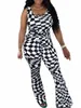 lw Plus Size Cor Ctrast Calças de duas peças Conjunto Primavera Verão Casual Checkerboard U Neck Tank Top Flare Pants Outfit para Mulheres d51Z #