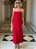 Grundläggande avslappnade klänningar Traf 2023 Fashion Elegant Woman Red Dress Off Axel Slveless Long Dress med fickor för fest Mujer Vestidos FR Shipping T240330