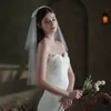 v848 Elegant White Wedding Bridal Veil Soft Tulle Two-Layer Cut Edge Bride Elbow Veil with Satin Bow Women Marriage Accories Q44A#