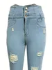 Rasgado buracos casual jeans magros outono slash bolsos angustiado botão único botão de cintura alta calças jeans 240319