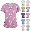 easter Bunny Women Casual Hospital Nurse Uniform Clinic Operating Room Printed Short Sleeve Pocket Loose Top Medical Scrubs Z8xI#