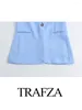 Pantaloni a due pezzi da donna TRAFZA Abito primaverile da donna Alla moda Colletto rovesciato blu Maniche lunghe Tasche Bottone singolo Cerniera a vita media Gamba larga