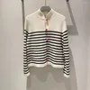 Kvinnors stickor 2024 Spring Cashmere Stripe Chinese Stand Up Collar Pan Button Sticked Cardigan Sweaters For Women