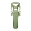 2023 New Bandage Women's Solid Color Long Sleeved Sexy Hollow Waist Dress 295397