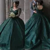 Dark green sequins Ball Gown Wedding Dress v neck beading sequins illusion long sleeves wedding dresses bridal gowns ruffles Dubai Saudi arabic Bride dress