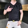 T-shirt en soie glacée pour hommes d'été à manches courtes évidé Transparent personnalité tendance beau demi-manches marque tendance mince haut social