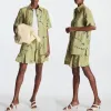 Vintage Khaki bamboo leaf printed short sleeved shorts two-piece sand washed silk casual short sleeved shirt shorts set