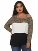 Plus-storlek LG Sleeve Spring Autumn Fi Chic Topps Women Leopard Patchwork skev krage t-shirt kvinnlig stor storlek blus 5xl 6xl j4hs#