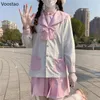 Uniforme scolastica giapponese Vestito Bowknot Collare da marinaio Carto Cat Primavera Autunno Manica Lg JK Uniforme Vita alta Gonna a pieghe Set q9SJ #