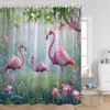 Cortinas de chuveiro flamingo cortina palmeiras lago lótus flores tropical selva planta banho conjunto tecido decoração do banheiro com ganchos