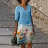 Lässige Kleider Damen V-Ausschnitt Elegant Retro Blumenmuster Mittelärmeliges Kleid Gerade Plus-Größe Lose Sommer-Vestido