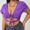 plus Size Sexy V-neck Lace Up Summer Crop Top Women Short Sleeve Knot Club T-shirt Female Large Size Solid Beach Tee 5XL 6XL 7XL 01qq#