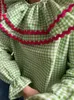 春の女性グリーン格子縞のプリントパフスリーブTシャツエレガントなカジュアルルーズフリルoネックトップ女性通勤ストリートウェア240322