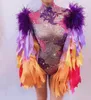 Dropship Nightclub Bar Party Outfit Performance Dance Costume Colorful Feather Sleeve Rhineste Bodysuit P58Z#