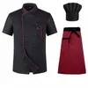 Vdakaer Chef Coat Shirt Breattable Cott Jacket+Cap+Apr fungerar kläder för män unisex kock jackor restaurang hotell uniform k6bx#