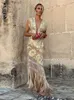 Urban Sexy Dresses Flower Print Gloden Glitter V Neck Tassels Long Women A-line Lace Up Sleeveless Patchwork Maxi Robes New Party Clubwear yq240330