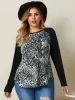 Plus Größe Casual Leopard T-shirt Frauen LG Raglanhülse Farbe Blockiert Frühling Herbst Elegante Strick Top Bluse 4XL 5XL 6XL 7X U6uf #