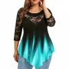 women's Lace 3/4 Sleeve Tunic Tops Ladies Gradient T-Shirt Blouse High Quality Clothing Plus Size 2023 303B#