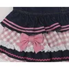 2024 Sweet Lolita Mini Denim Jupes Femmes Gothique Dentelle Plaid Coeurs Volants Jk Jupe Filles Japonaises Sexy Y2k Punk Jupe À Niveaux 240327