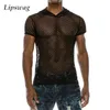 Mode Tops à capuche Hommes Sexy See Through Hollow Out Respirant T-shirts Plage Casual Manches courtes Hommes Mesh T-shirts Streetwear 240321