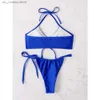 Women's Swimwear Royal Blue 2-piece Swimsuit Women 2024 Summer New Low Waist Thong Beach Bikini Halter Backless Bathing Suit Vacation Swimwear T240330