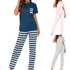 Startseite Kleidung Damen-Pyjama-Set mit Rundhalsausschnitt und kurzen Ärmeln, gestreift, bedruckt, Kordelzug, Hose, modische Bluse, 2024