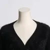 Malhas femininas alta moda preto vison veludo com decote em v camisola de malha casaco solto encaixe fino malhas cardigan jaqueta primavera clássico vintage