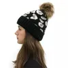 Basker Autumn Winter Tjocka hattar Solid Color Leopard Print Wool Ball Faux Fur Pom Knit Hat Skull Cap Cuff Warm Beanie