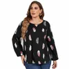 women's Plus Size Blouses Feather Print Tops Cut Out V Neck T-Shirts Blouses Round Neck Tee Black Lg Sleeves Spring Clothing R5CH#