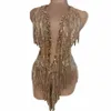 Sparkly Rhinestes Fringes Justaucorps Sexy Gland Body Costume de danse Jazz une pièce Stage Wear Dancer Performance Show Z0Ff #