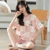 Casa roupas japonês verão bonito xadrez algodão pijamas feminino manga curta shorts casual pode ser usado fora conjunto