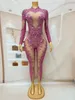 sexy Pink Crystals Birthday Celebrate Jumpsuit Transparent Mesh Dance Outfit Evening Nightclub Costume 6224#